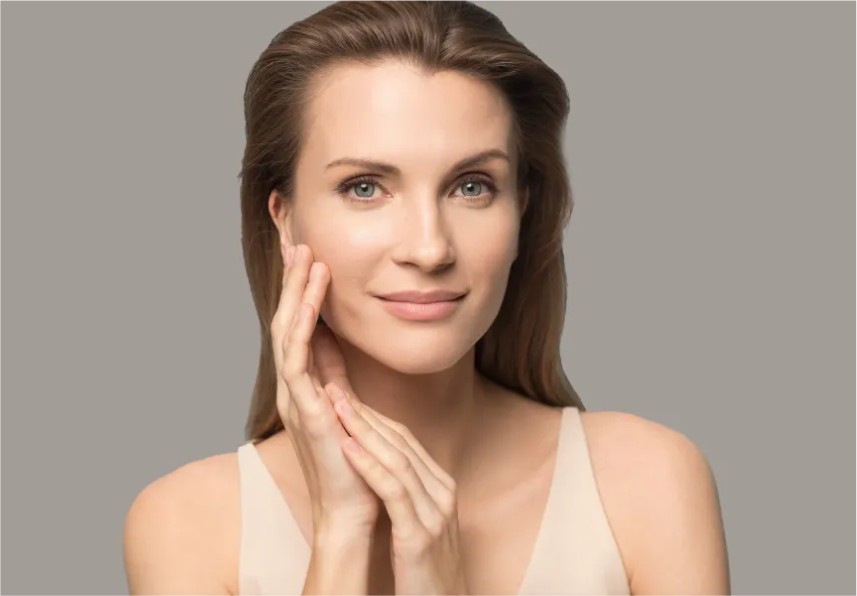 Portrait of beautiful woman touch healthy clean skin
