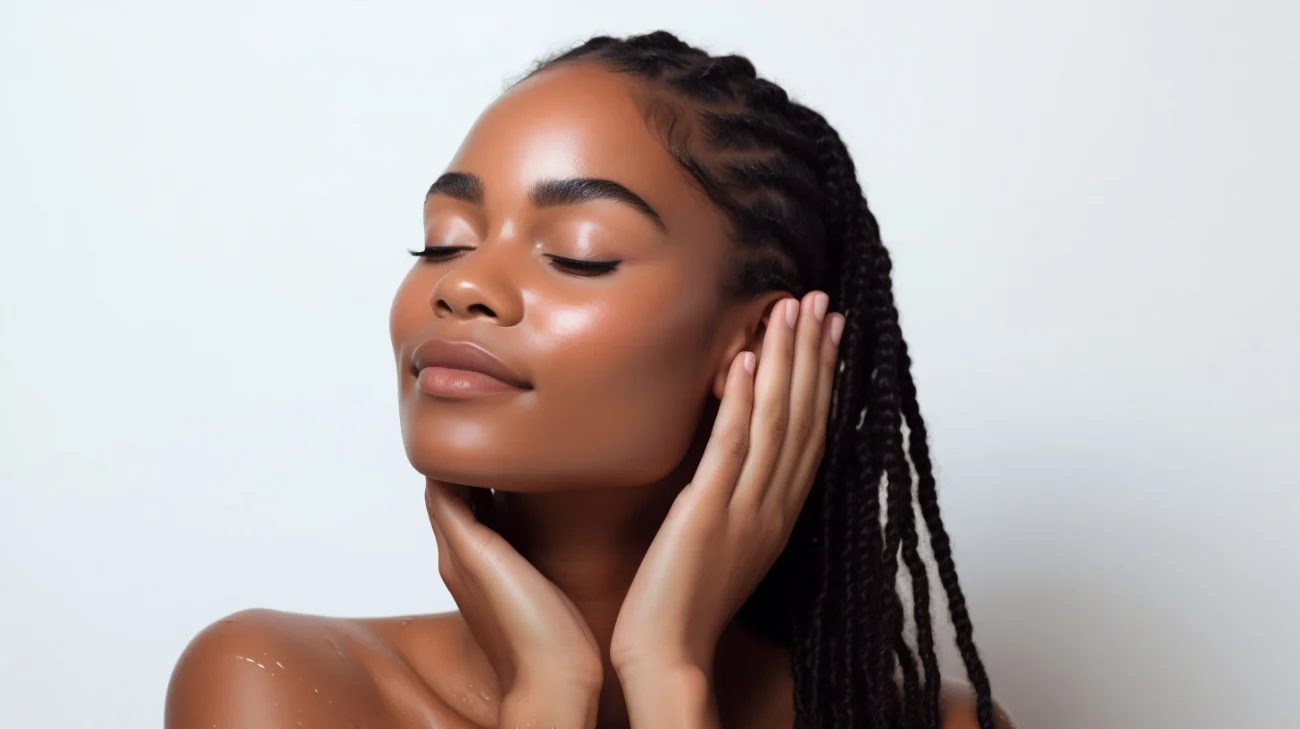 Close up of young black woman with braids touching face natural makeup beauty shot glowy youthful skin ethnic rhinoplasty featured image