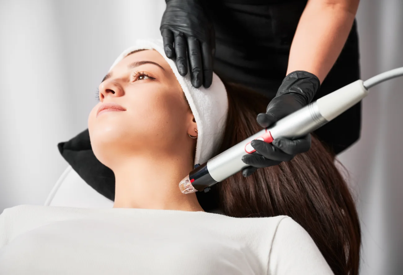 Doctor cosmetologist using radiofrequency microneedling device while performing rejuvenation procedure in cosmetology clinic