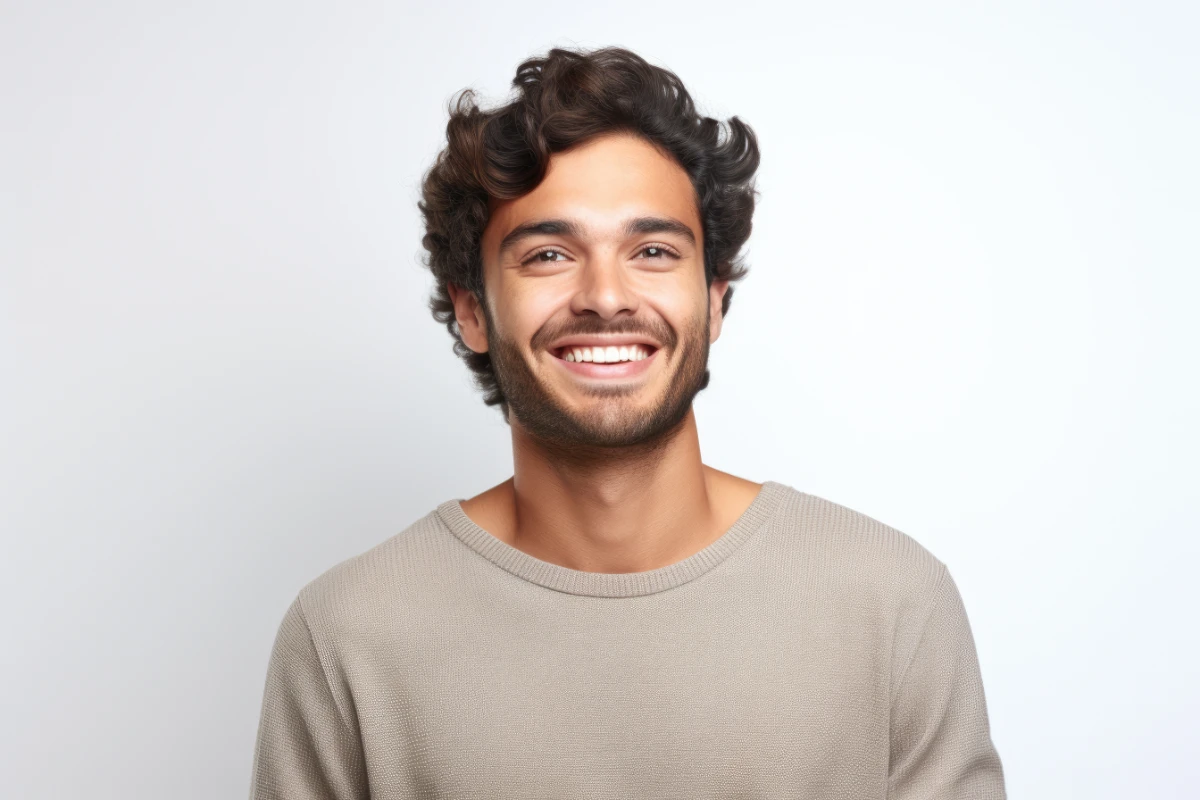 Picture of man with curly hair and friendly smile. Perfect for portraying positivity and approachability. beard transplant featured image