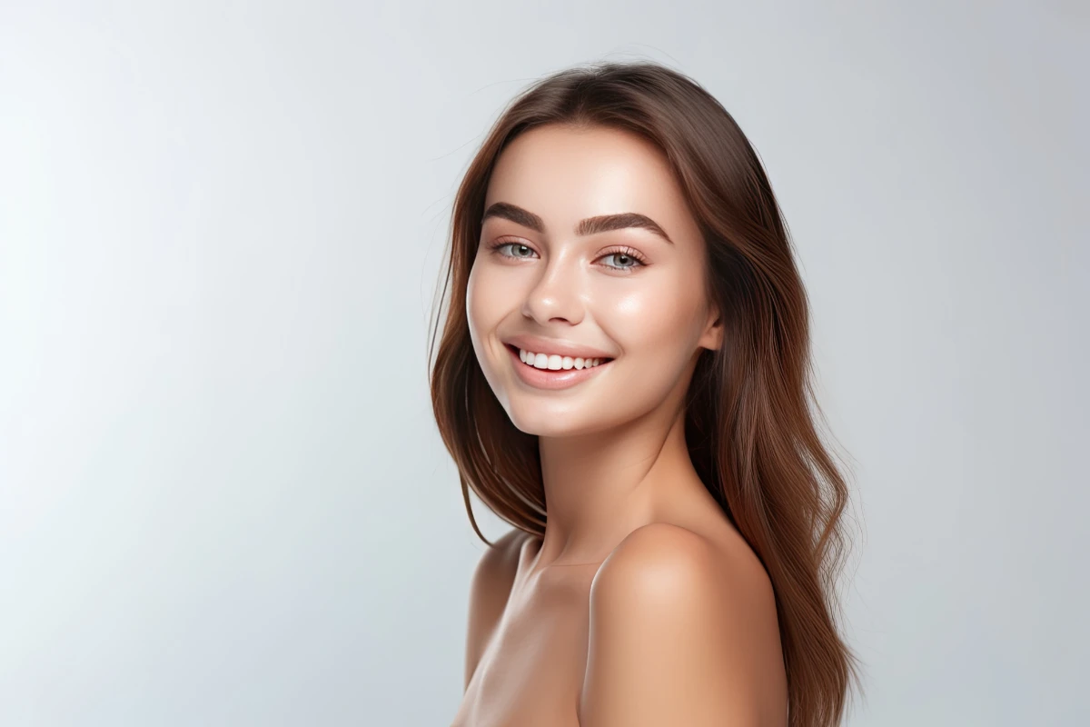 Portrait of a happy, confident, and healthy Caucasian woman with glowing skin and positivity. Generative AI eyebrow transplant featured image