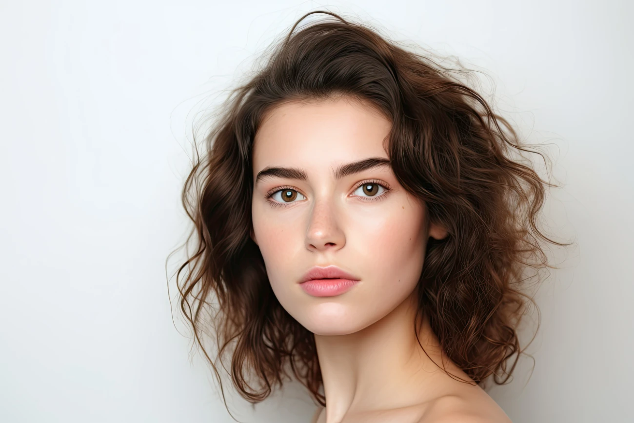 Portrait of a young girl years old with brown curly hair, without makeup. voluma