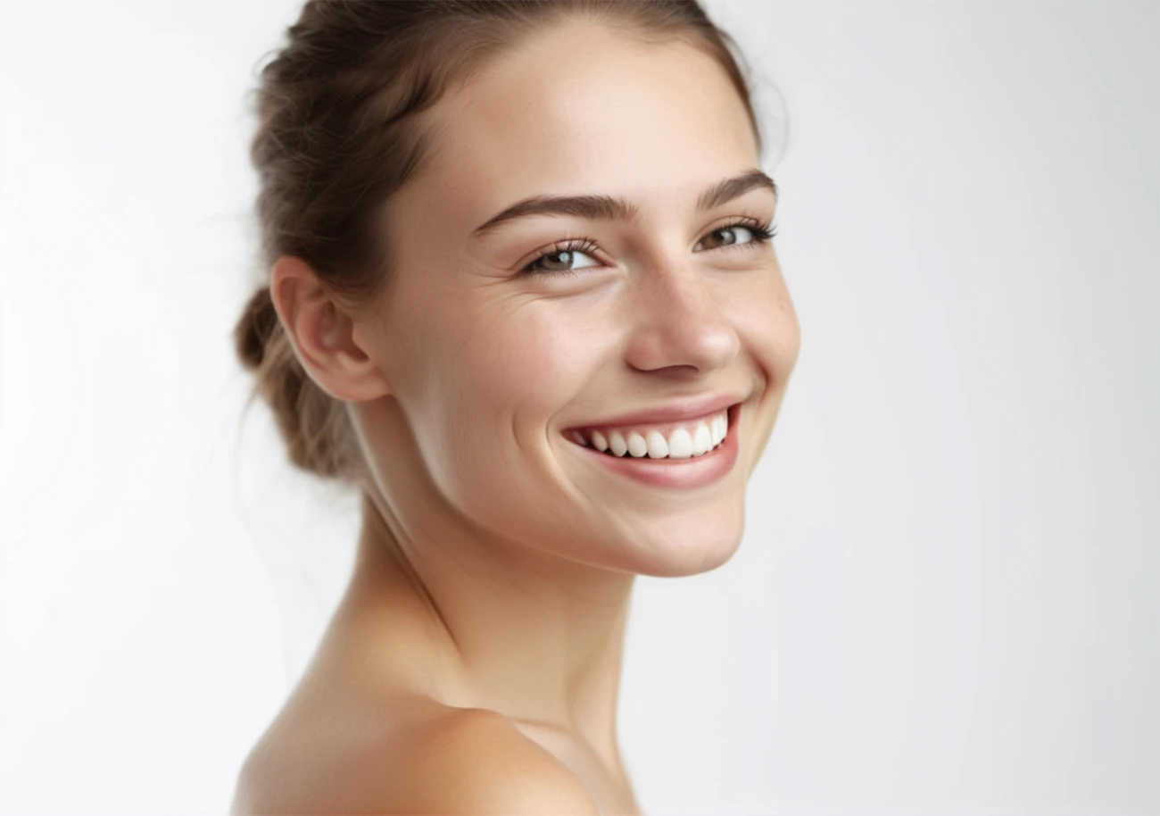 beautiful young woman smiling with a good teeth in a solid white background xeomin treatment