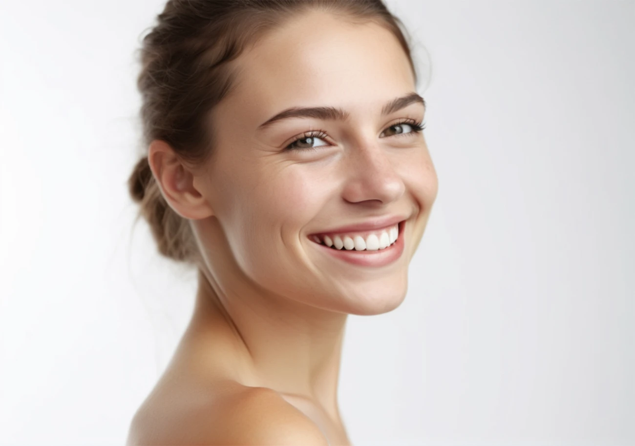 beautiful young woman smiling with a good teeth in a solid white background