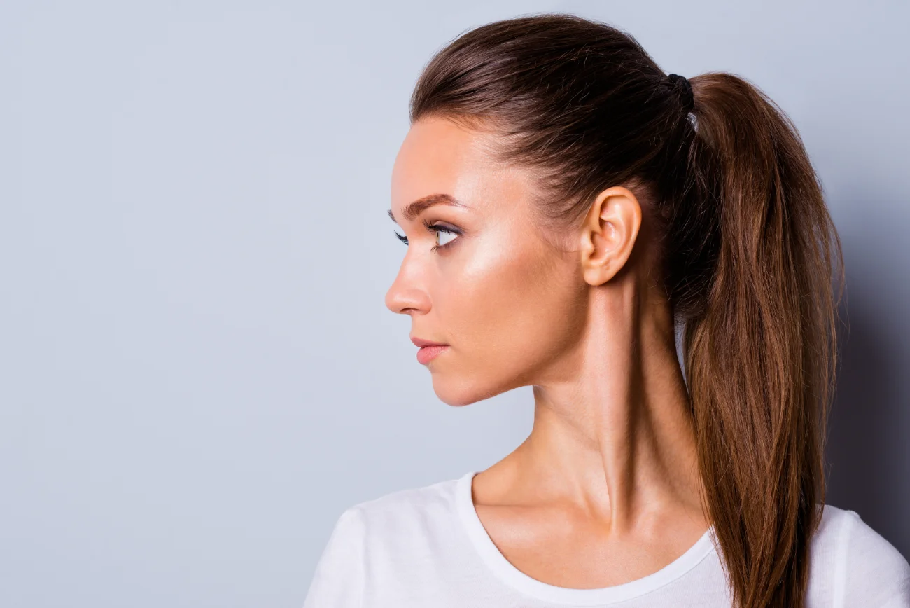 Otoplasty treatment. Close up side profile view photo amazing beautiful she her lady perfect appearance Otoplasty treatment. Close up side profile view photo amazing beautiful she her lady perfect appearance
